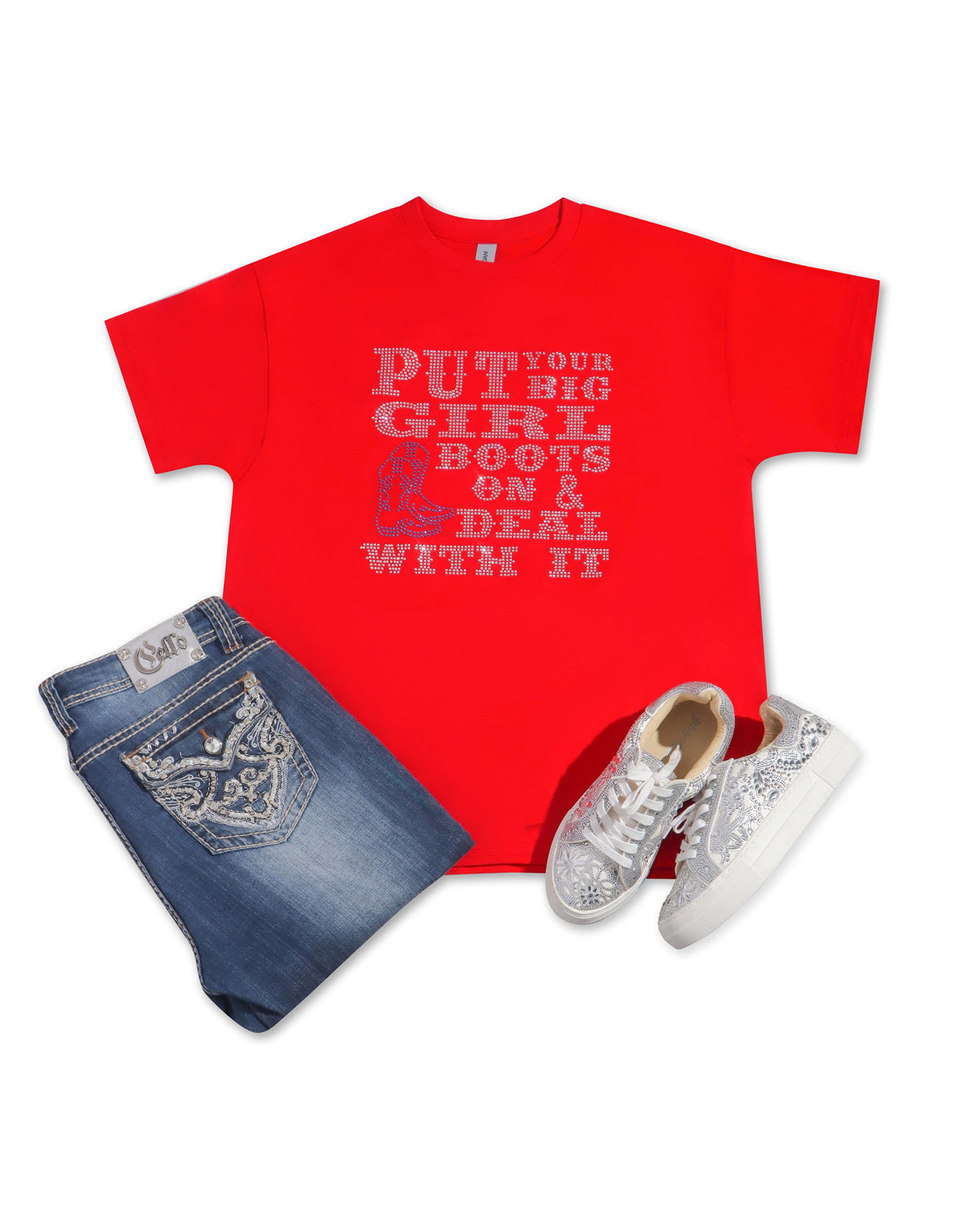PUT YOUR BIG GIRL BOOTS ON & DEAL WITH IT Rhinestone T-shirt; western, cowgirl; Design WEST-5