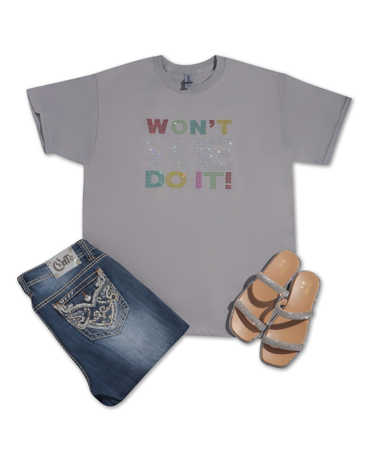 WON'T HE DO IT! Colorful Rhinestone T-shirt; religious; Design-RELG13