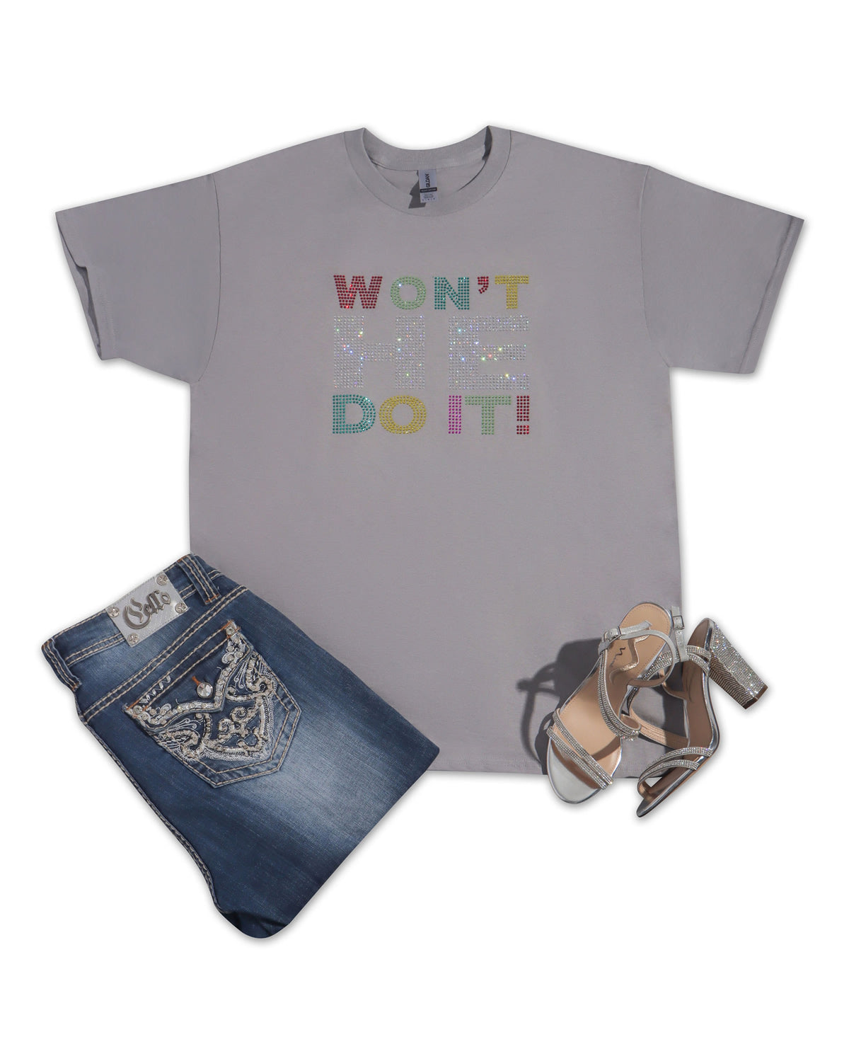 WON'T HE DO IT! Colorful Rhinestone T-shirt; religious; Design-RELG13