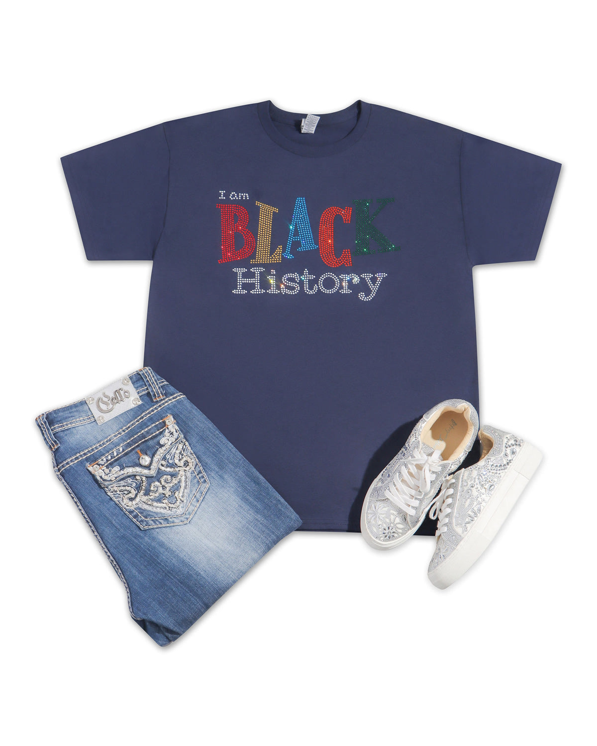 I Am BLACK History Rhinestone T-shirt; Large design; BLHIST-1
