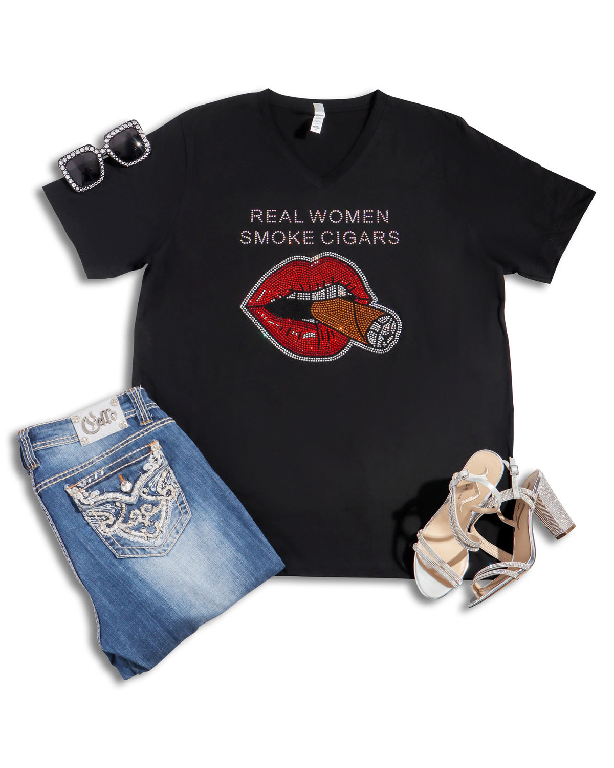 Real Women Smoke Cigars Rhinestone T-shirt; Design REAL-2