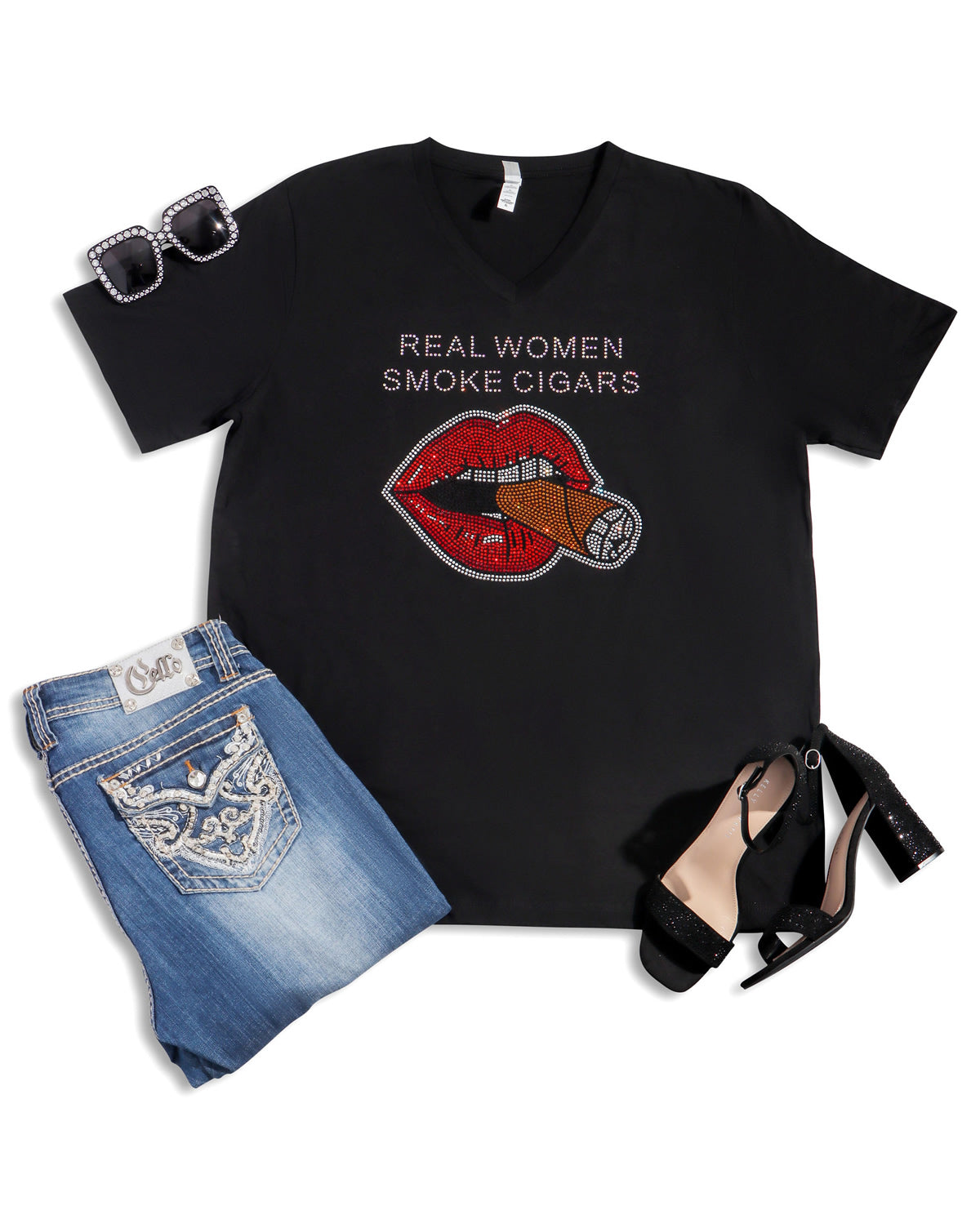 Real Women Smoke Cigars Rhinestone T-shirt; Design REAL-2