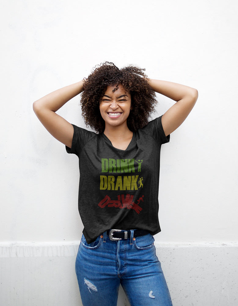 DRINK DRANK DRUNK Rhinestone T-shirt; Large design; alcohol, buzzed; Design-ALC1