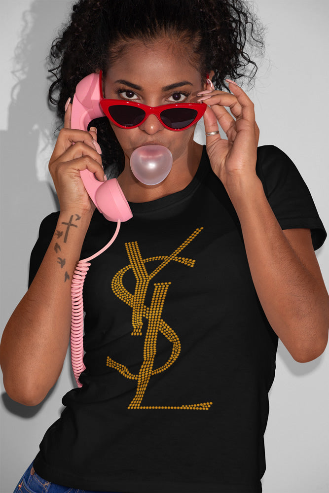 YSL Rhinestone T-shirt; Yves Saint Laurent; Large design; Design-YSL1