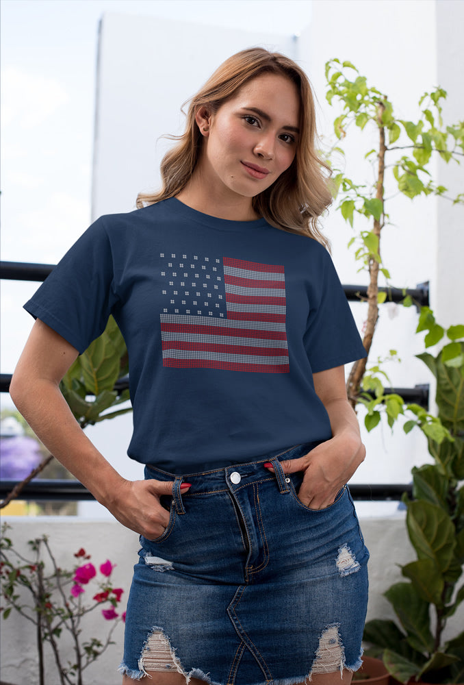 US Flag Rhinestone T-shirt; Large design; holidays, United States, USA; Design FLAG-6
