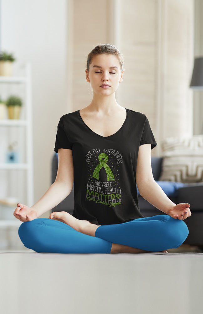 NOT ALL WOUND ARE VISIBLE; MENTAL HEALTH MATTERS Let's End the Stigma Rhinestone T-shirt; Large design; green ribbon; Design AWARE-2