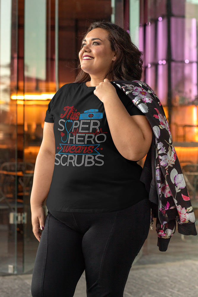 This SUPER HERO wears SCRUBS Rhinestone T-shirt; Large design; nurse, nursing; Design NURSE-7