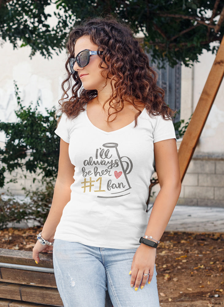 I'll always be her #1 Fan Cheer Rhinestone T-shirt; Large design; ***FYI: Black rhinestones may appear gray on a black mock-up! Design CHEER-2