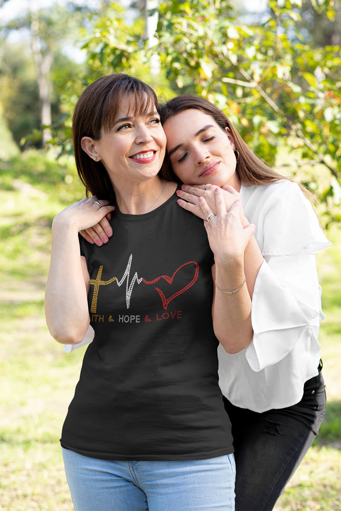 FAITH & HOPE & LOVE Colorful Rhinestone T-shirt; Design-RELG9