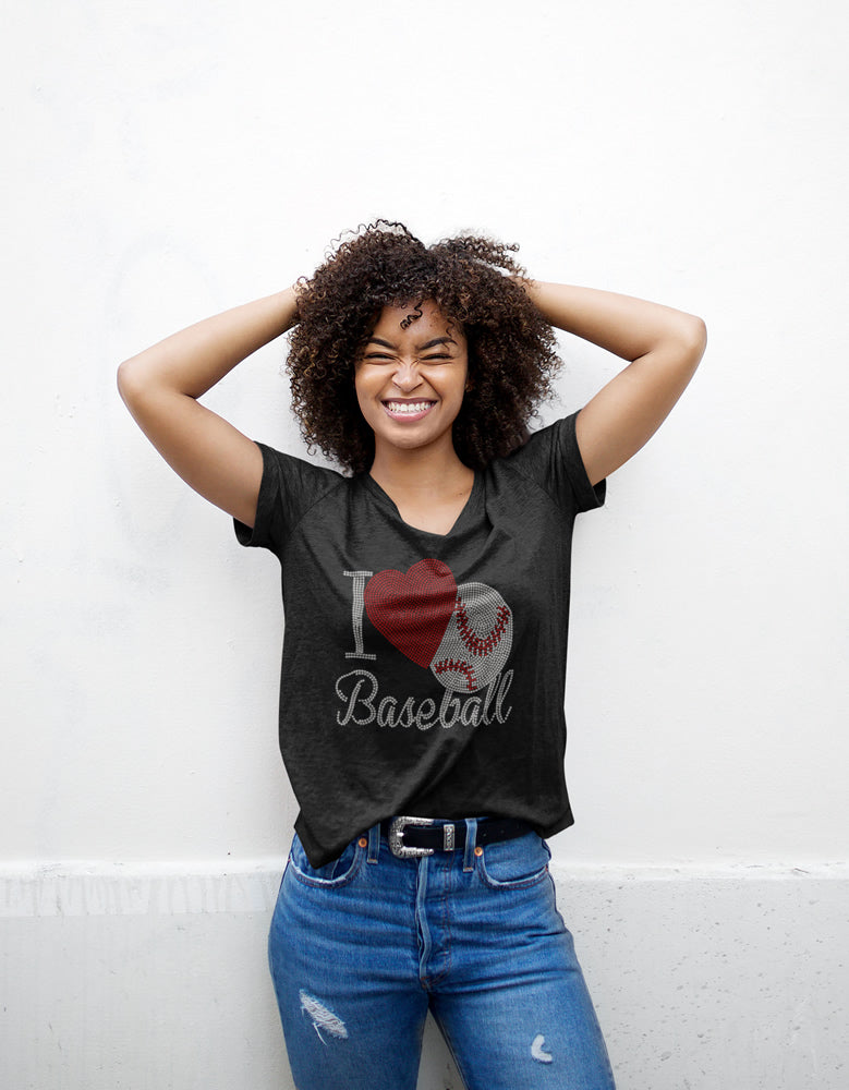 I Love Baseball Heart and Ball Rhinestone T-shirt; Design BASE-2