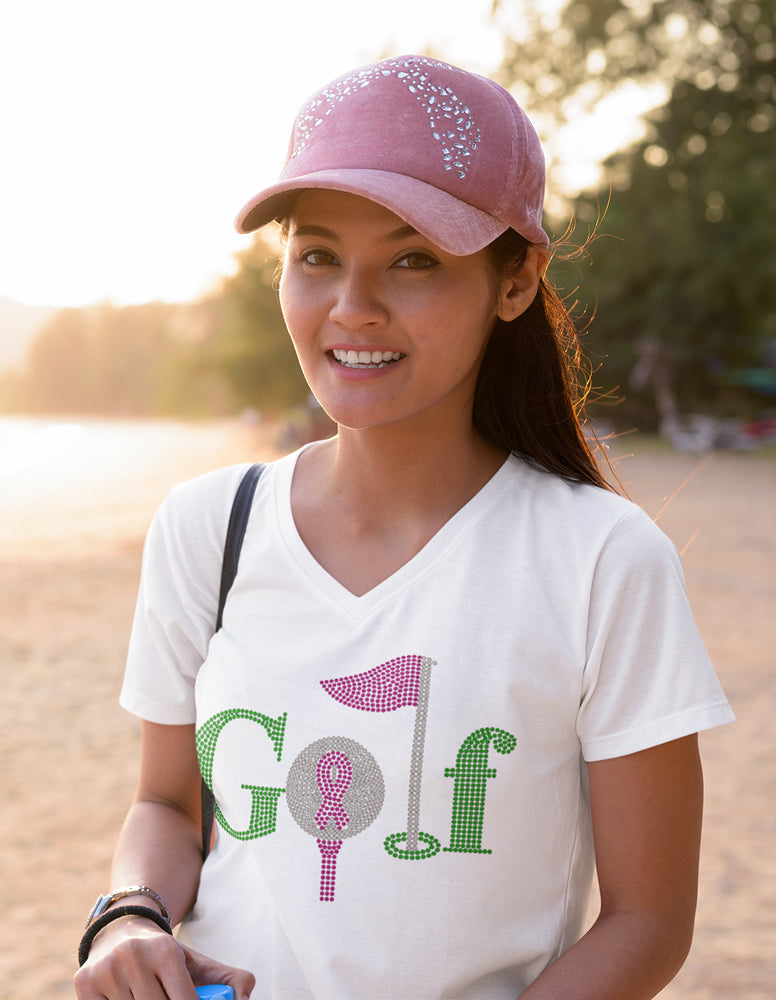 Golf Breast Cancer Rhinestone T-shirt; tee. ball, flag; pink ribbon; Design GOLF-5