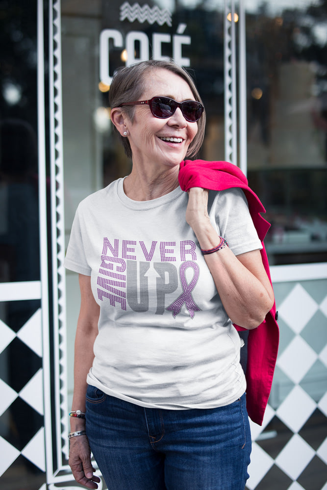 NEVER GIVE UP Breast Cancer Rhinestone T-shirt; pink ribbon; Design-BC6