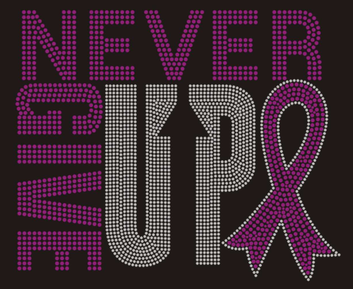 NEVER GIVE UP Breast Cancer Rhinestone T-shirt; pink ribbon; Design-BC6