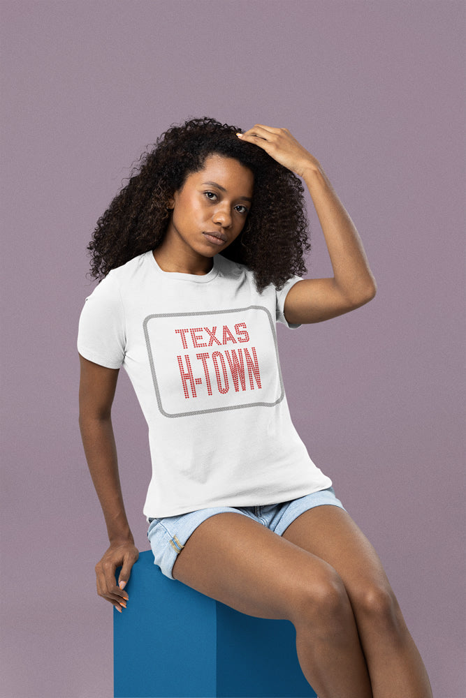 TEXAS H-TOWN Faux License Plate Rhinestone T-shirt; Houston; Design-HOU3