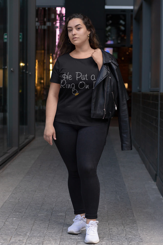 He Put a Ring On It Rhinestone T-shirt; wedding, marriage, bride; Design BRIDE-7