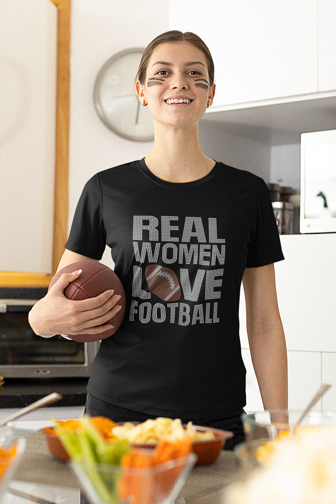 REAL WOMEN LOVE FOOTBALL Rhinestone T-shirt; Large design; Design REAL-3