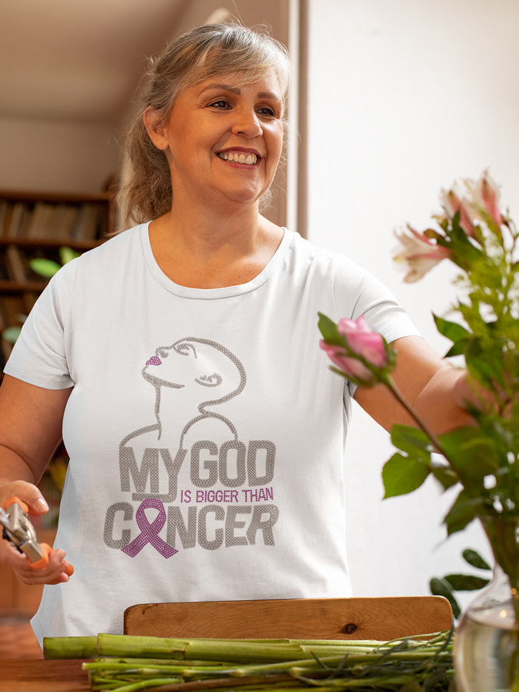 MY GOD IS BETTER THAN CANCER Rhinestone T-shirt; Large design; breast cancer, pink ribbon; Design-BC7