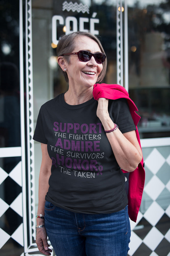 SUPPORT THE FIGHTERS ADMIRE THE SURVIVORS HONOR THE TAKEN Rhinestone T-shirt; Large design; breast cancer, pink ribbon; Design-BC9