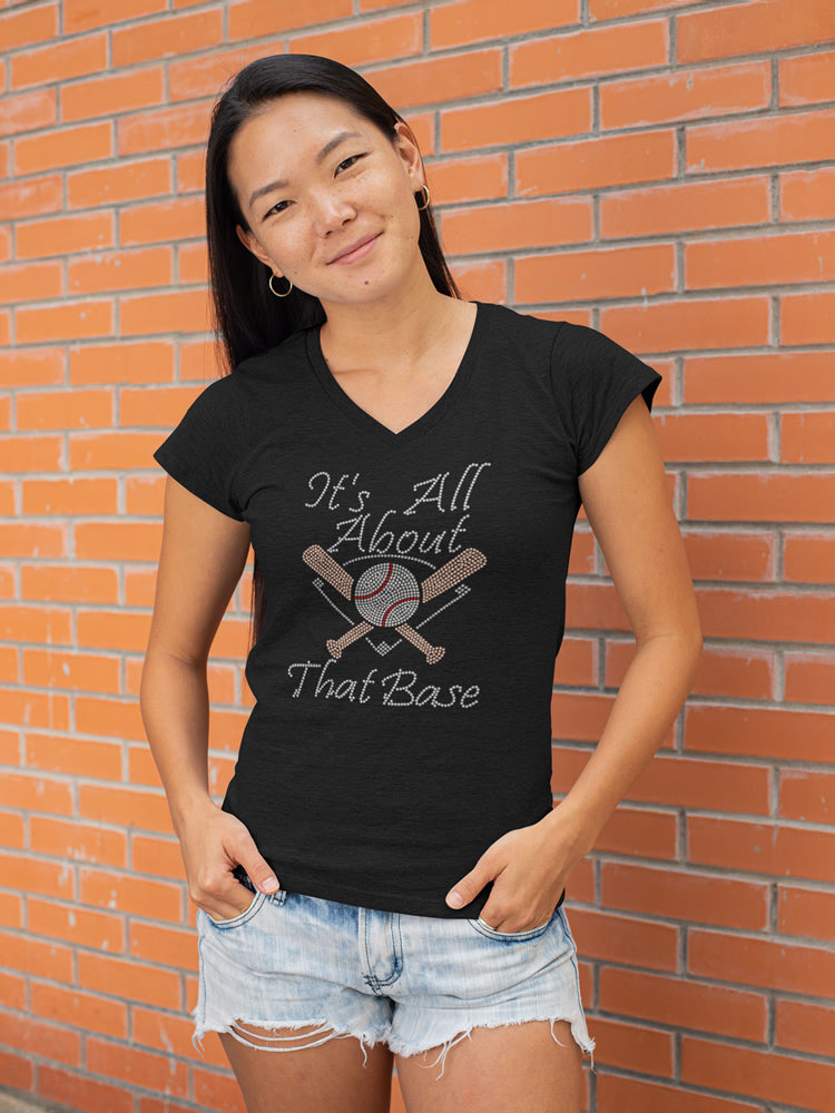 It's All About That Base Rhinestone T-shirt; Large design; baseball, field, bat, ball; Design BASE-5