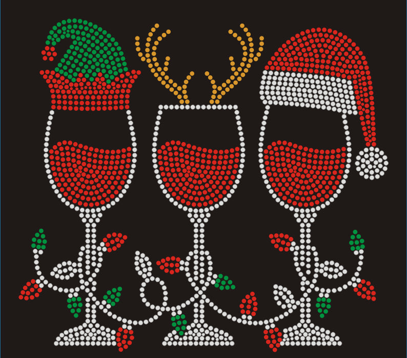 3 Wine Glasses w/ Christmas Lights Rhinestone T-shirt; Design XMAS-1
