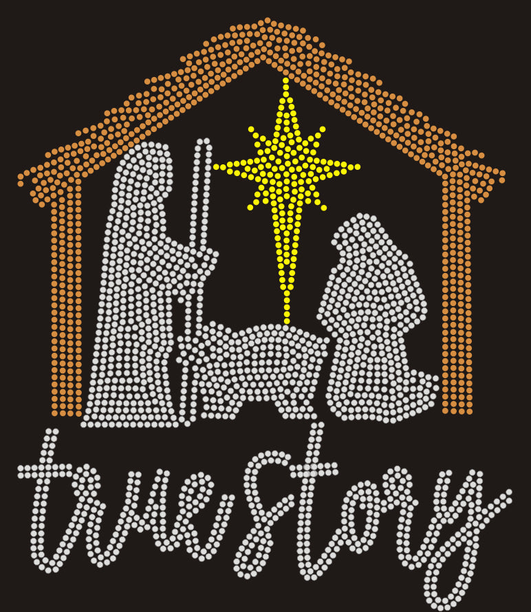 True Story Nativity Scene Christmas Rhinestone T-shirt; Large design; Design XMAS-28