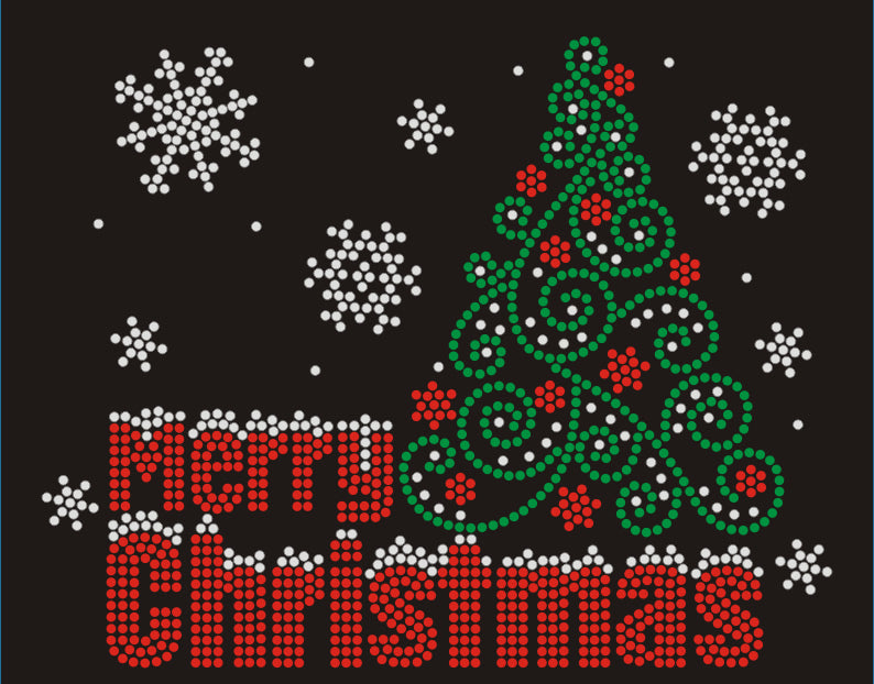 Merry Christmas +1 Christmas Tree Rhinestone T-shirt; Design XMAS-16