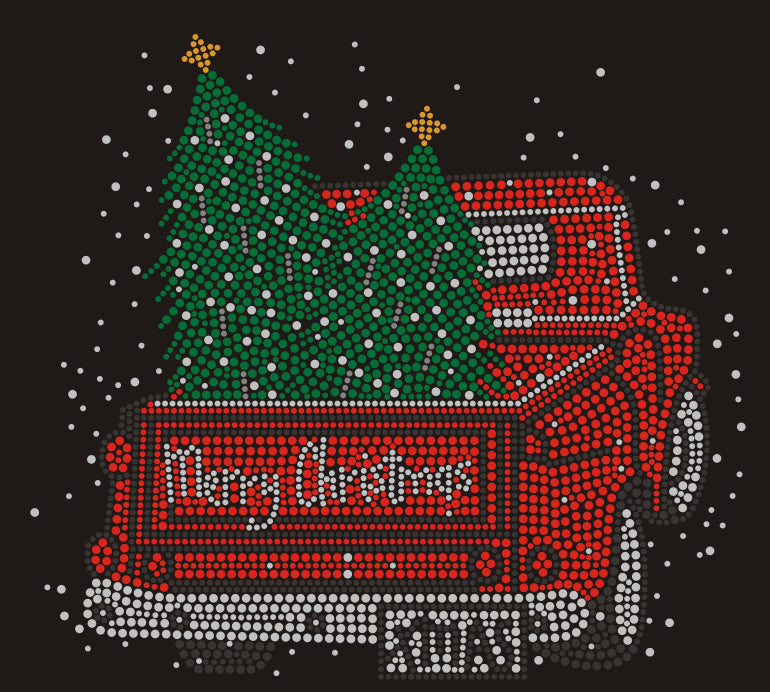Merry Christmas + Old Truck Christmas Rhinestone T-shirt; Design XMAS-18