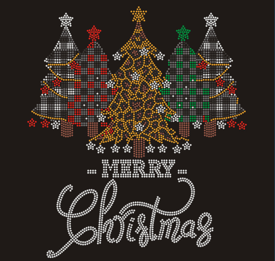 Merry Christmas +5 Christmas Trees Rhinestone T-shirt; Large design; Design XMAS-17