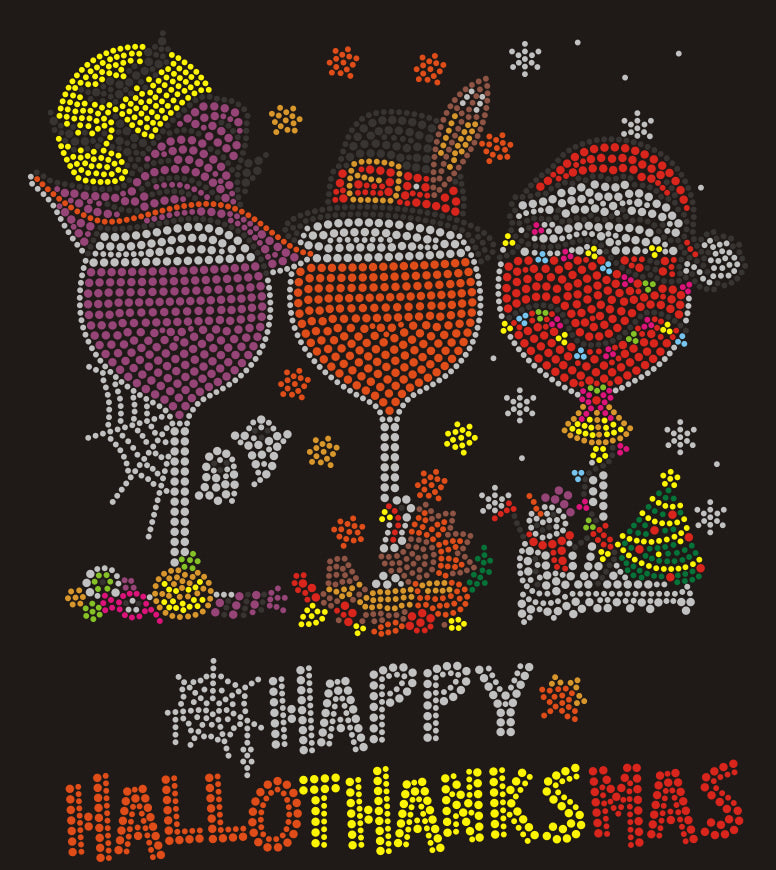 HAPPY HALLOTHANKSMAS Rhinestone T-shirt; Halloween Thanksgiving Christmas; Large design; Design HTS-1